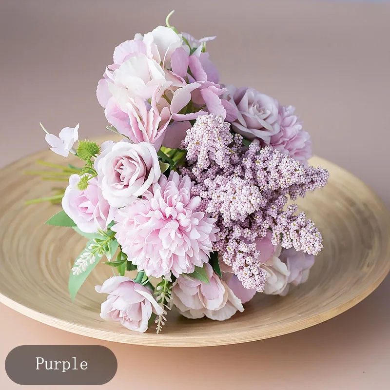purple Роза Искусственные Шелковые Цветы для свадьбы гортензии невесты DIY поделки поддельные цветы букет украшения дома - Цвет: purple