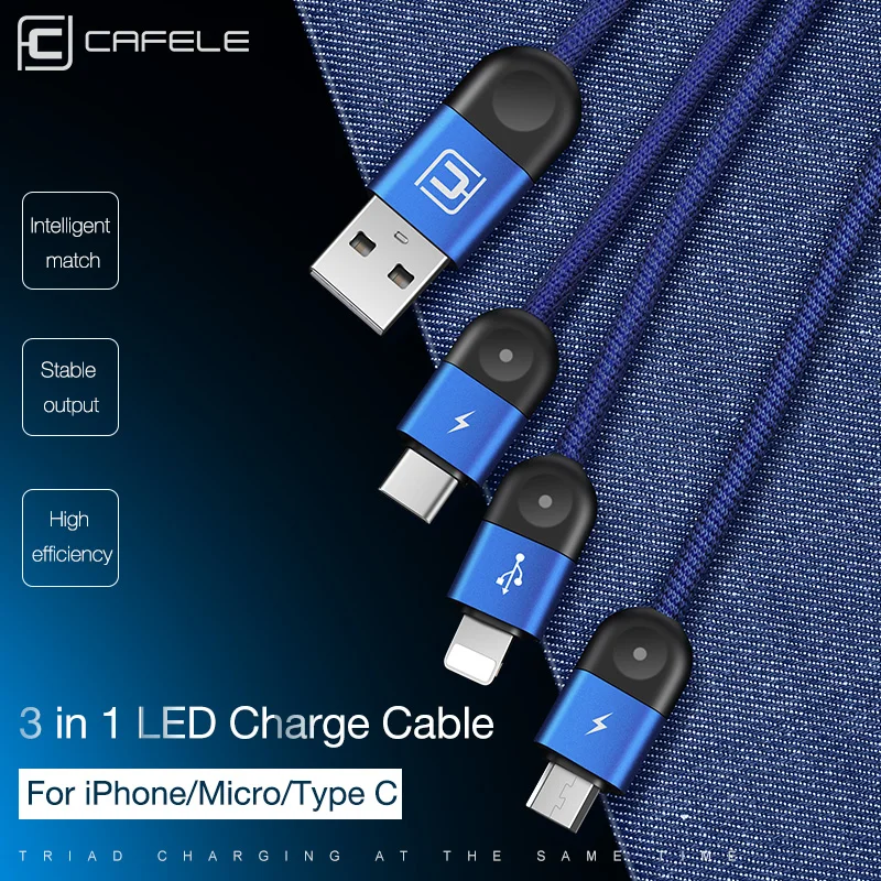 CAFELE 3 в 1 кабель для быстрой зарядки USB кабель синхронизации данных для IOS 12+ micro+ type c тканый нейлоновый кабель для iphone X xiaomi