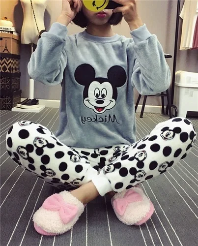 Gray Mickey Осенне-зимняя женская пижама, мягкий плотный фланелевый пуловер с длинными рукавами и круглым вырезом и рисунком Совы+ штаны, теплая одежда для сна, Mujer Primark - Цвет: Gray Mickey
