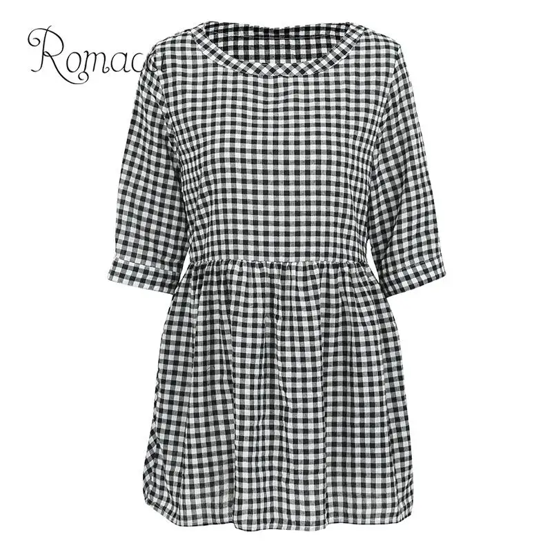Romacci винтажные клетчатые длинные блузки туники с рукавами 3/4 и карманами 4XL 5XL