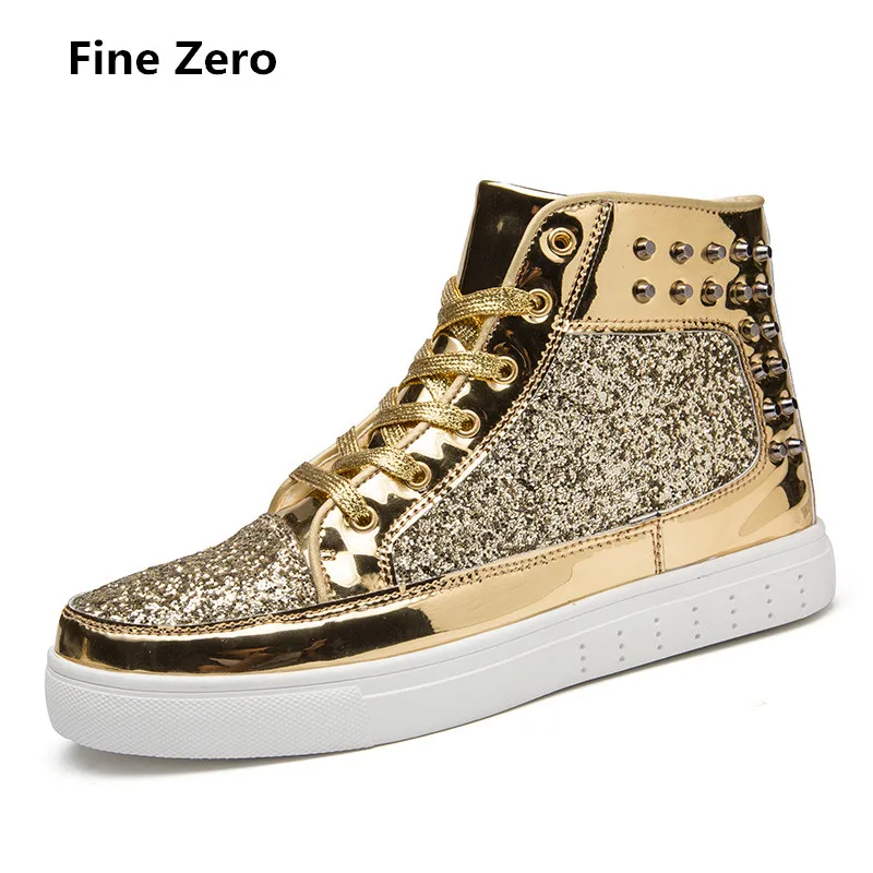 2020 Spring Autumn Unisex lace up bling shoes Male Gold Silver Studs High Tops Men Super cool Sneakers Couple Glitter Flats | Обувь