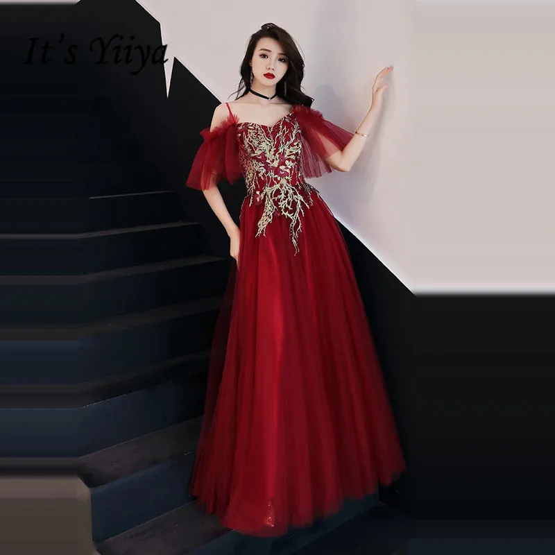 wine red Вечернее платье красное вино Спагетти Ремешок It's YiiYa, A-Line Столовые платья,с вырезом лодочкой, Золотое кружево Вышивка, весна-лето,SB006 - Цвет: wine red