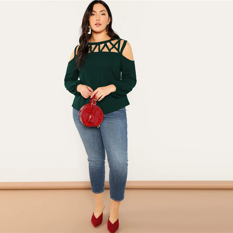 SHEIN черная Сексуальная Блузка с вырезами и открытыми плечами, рукав-фонарик, женская блузка большого размера, весна, повседневный однотонный топ, блузки, 3 цвета