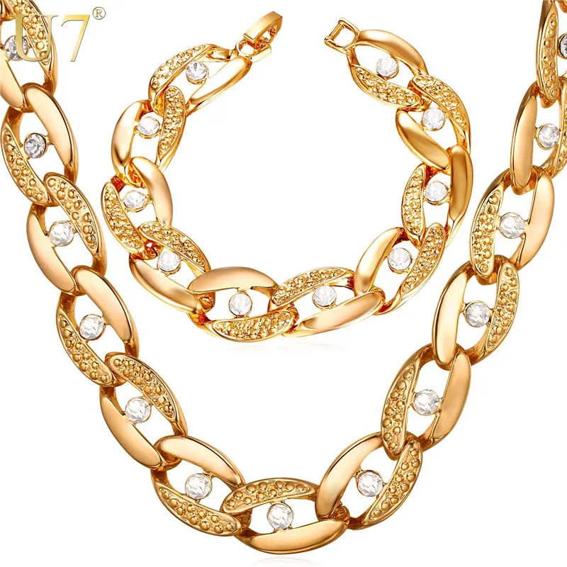 

U7 Hot Chunky Choker Necklace & Bracelet HipHop Big Chain For Men/Women Gold Color Rhinestone Retro New Kpop Jewelry Sets S1004