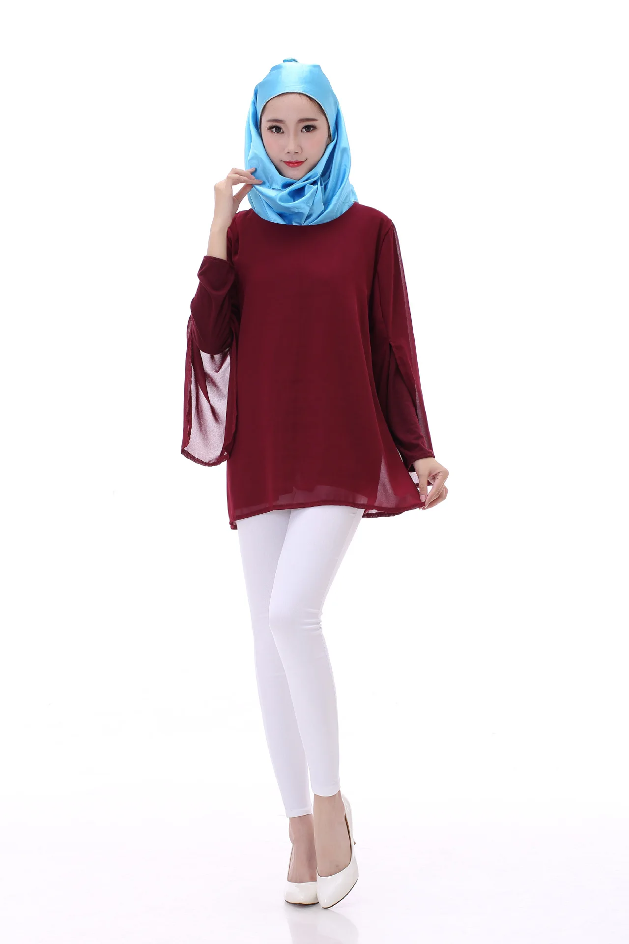 Однотонная мусульманская шифоновая блузка мусульманские Женские топы для