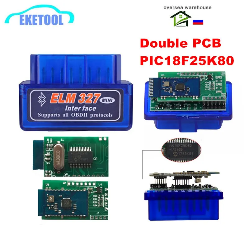 10pcs/Lot ELM327 V1.5 Double PCB PIC18F25K80 Chip Bluetooth ELM 327 Code Reader Works Android OBD2 Diagnostic Tool