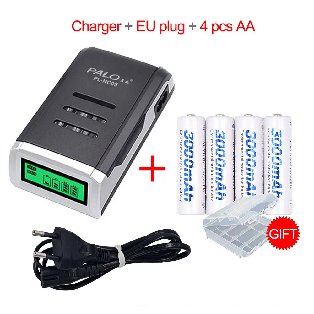 Charger with 4pcs AA Оригинальная батарея Palo AA 1,2 V AA 3000mAh Ni-MH предварительно Заряженная аккумуляторная батарея 2A Baterias для камеры игрушки - Цвет: Charger with 4pcs AA