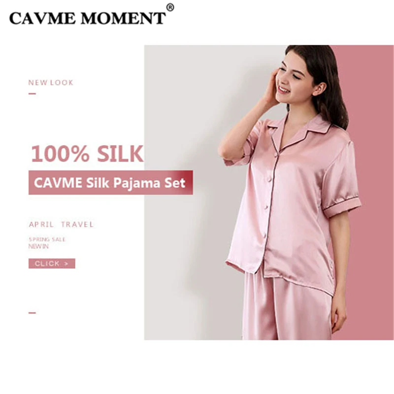 CAVME Silk Pajama Sets for Women 2 Pieces Pure Silk Sleepwear Pyama Set Short Sleeve Full Pants Plus Size Printed Home Clothes