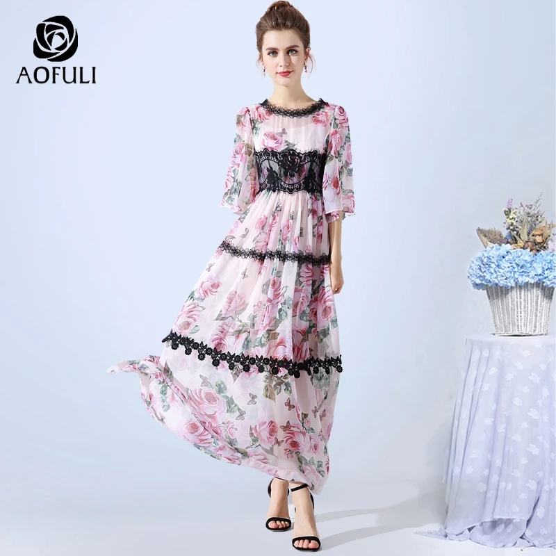 Длинное пляжное платье AOFULI A3496 розовое с цветочным принтом кружевное длинное из