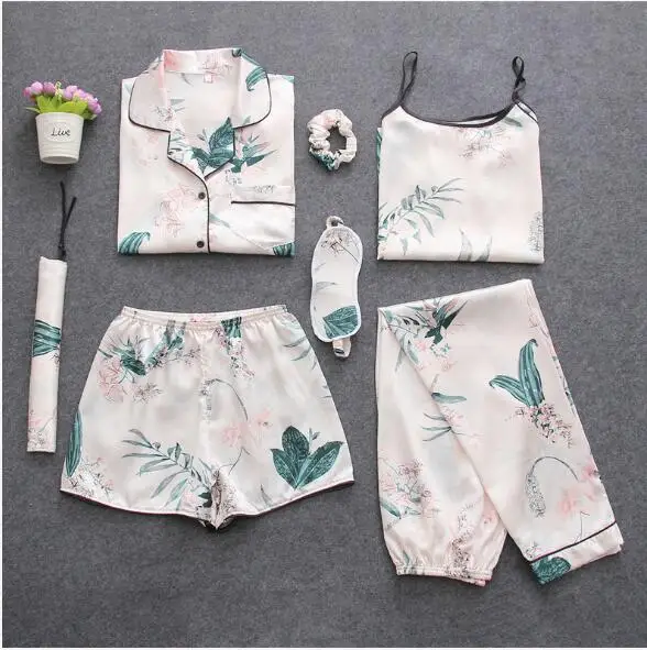 floral 3 Домашняя одежда Fdfklak, 7 шт., шелковые пижамы с цветочным рисунком, женская одежда, пижама, набор, женская одежда для отдыха, женское нижнее белье - Цвет: floral 3