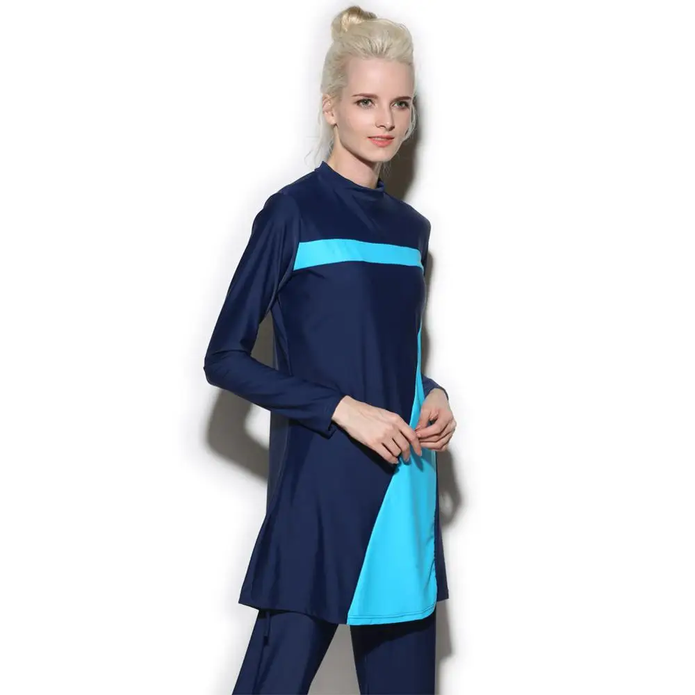 Burkini Мусульманский купальник Цвет блокируется длинная ткань для плавания