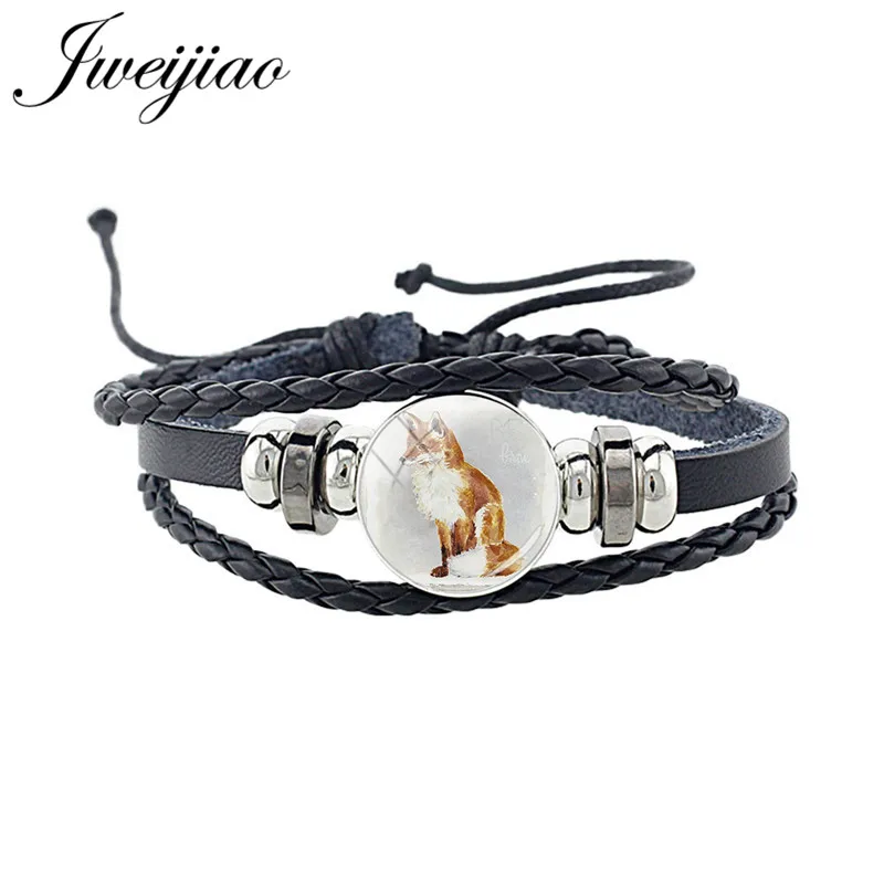 WF08 JWEIJIAO, новинка, милый браслет в виде лисы, стекло, изображение животного, кабошон, очаровательный черный браслет из искусственной кожи, браслет, браслет в стиле панк, ювелирное изделие, подарок CN96 - Окраска металла: WF08