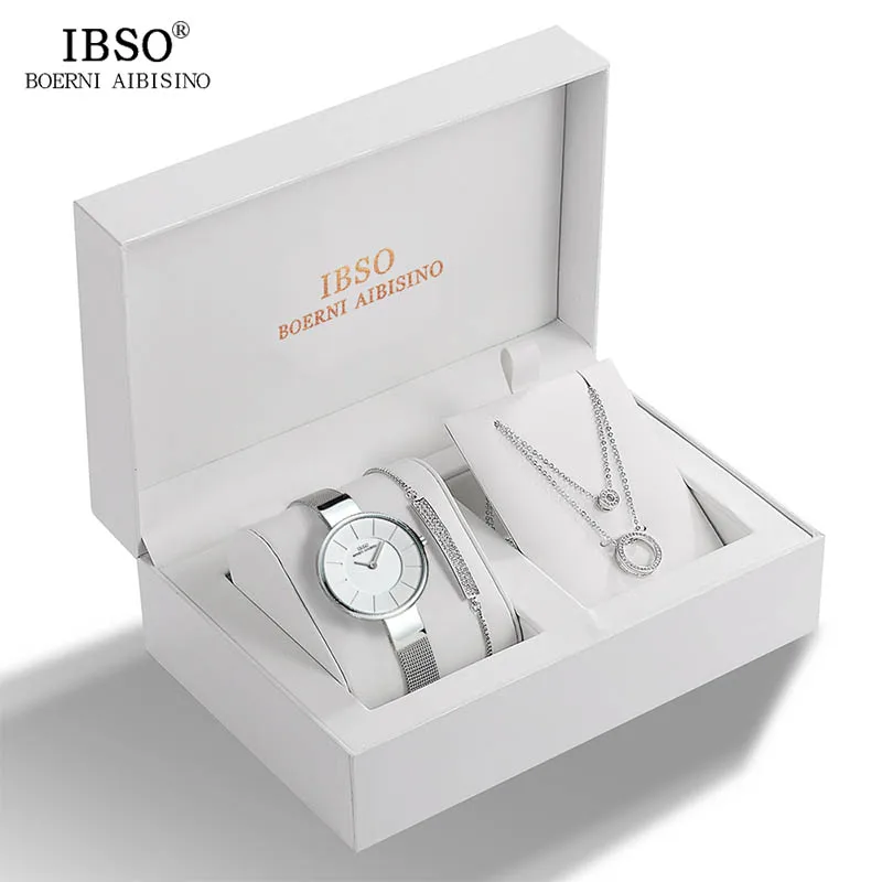 

IBSO Brand Women Quartz Watch Crystal Design Bracelet Necklace Set Female Jewelry Set Fashion Creative Quartz Watch Wife's Gift