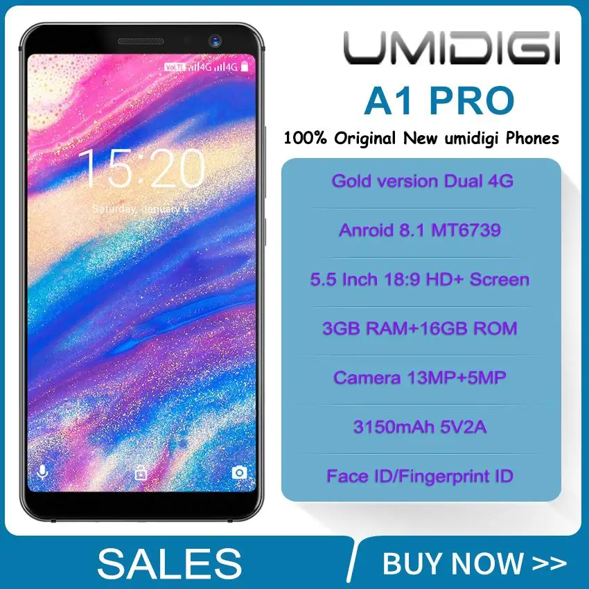 UMIDIGI A1 Pro Глобальный Версия смартфона Face ID 5 дюймов 3 ГБ 16 MT6739 4 ядра 3150 мАч Android 8 1 13MP