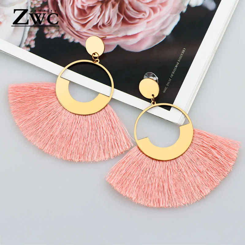 Leather Pink 2 ZWC богемные массивные круглые большие серьги с кисточками для женщин, национальные красные черные винтажные длинные серьги ручной работы с бахромой, ювелирные изделия - Metal Color: Leather Pink 2