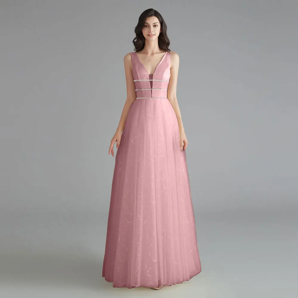 Dust Pink Милые женские вечерние платья Длинное сценическое платье для церемонии Новогоднее торжественное вечернее платье Блестящее платье с глубоким V-образным вырезом - Цвет: Dust Pink