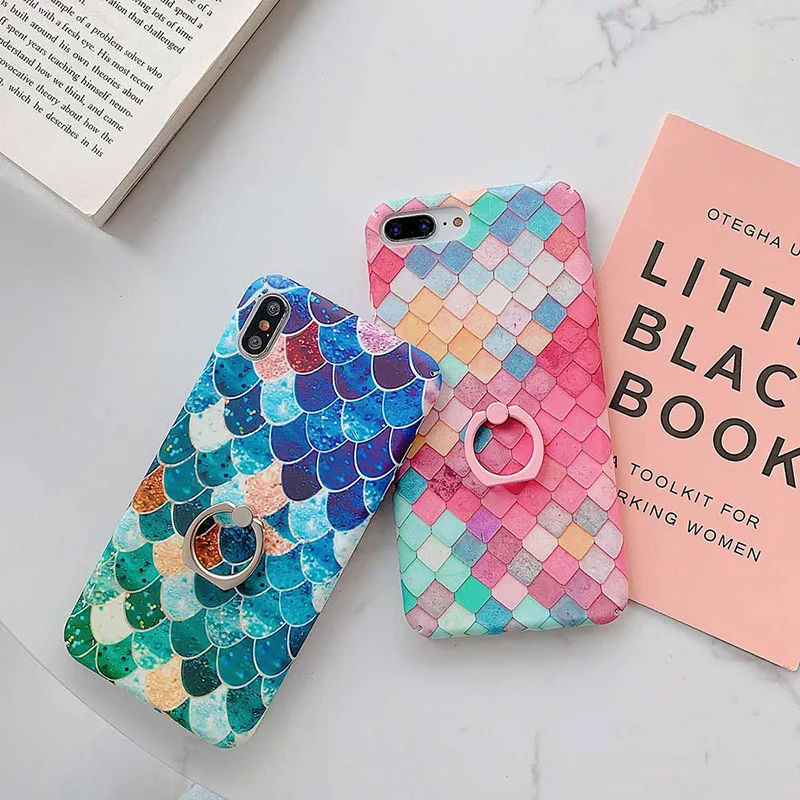 Boucho Colorful Ainbow Mermaid Scales Pattern Case For Apple iphone XS MAX XR X 7 8 plus 6 6s Phone With Finger Ring |