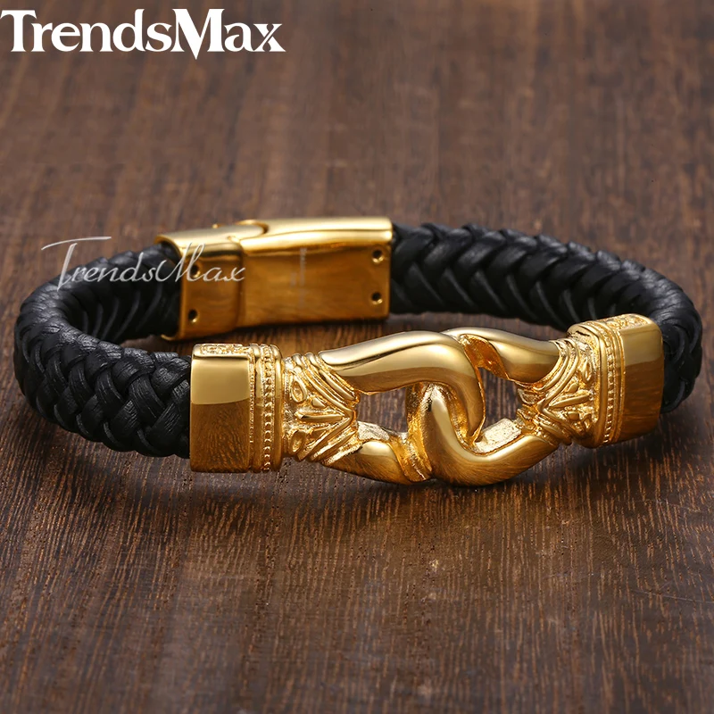 Trendsmax мужские кожаные браслеты из нержавеющей стали с узлом, очаровательный браслет для мужчин, ювелирные изделия, Прямая поставка,, 12 мм, KHBM60