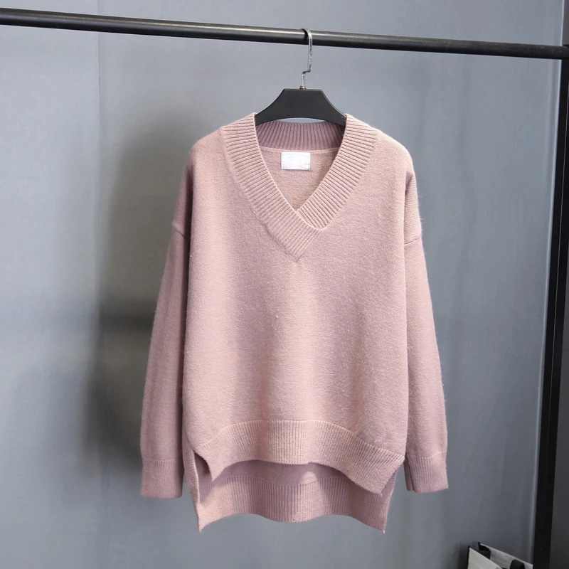 Женский шерстяной вязаный пуловер свободный свитер с V-образным вырезом