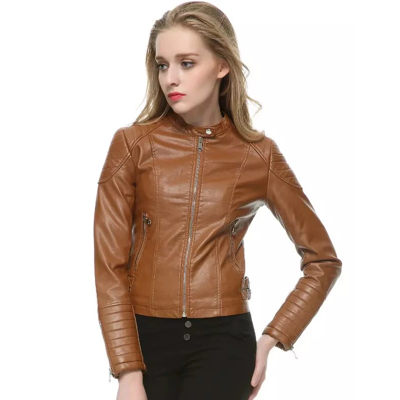 Autumn Winter Women Faux Leather Jackets and Coats Lady Pu Motorcycle Brown Zipper Coat Streetwear Biker Outerwear