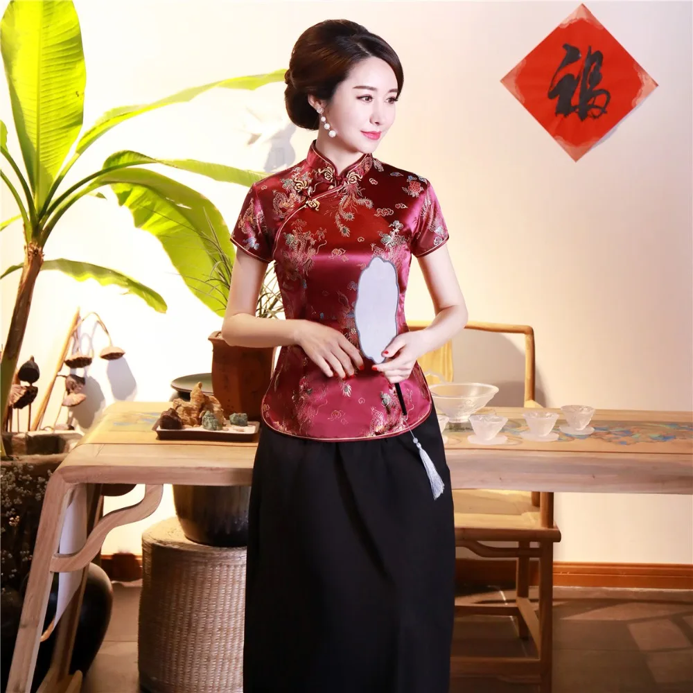 Шанхай история короткие Cheongsam Топ Традиционный китайский искусственный шелк/Атласный топ Дракон и Феникс Вышивка Блузка Топ Qipao рубашка