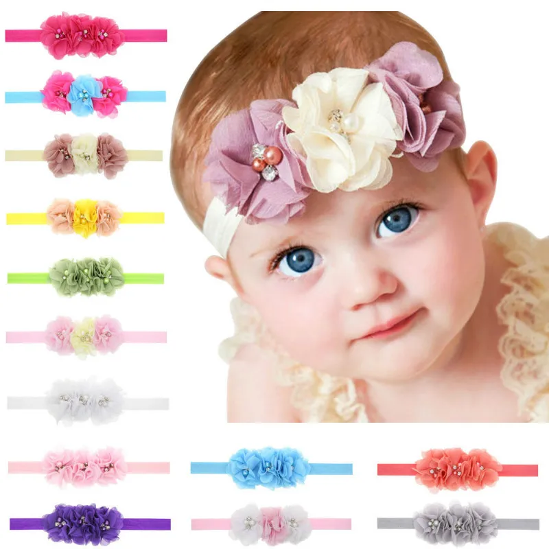 Cute Baby Girls Chiffon Flowers Beads Headbands Elastic Hair Headwear Infants Fashion Decorative Party Accessories | Детская одежда и