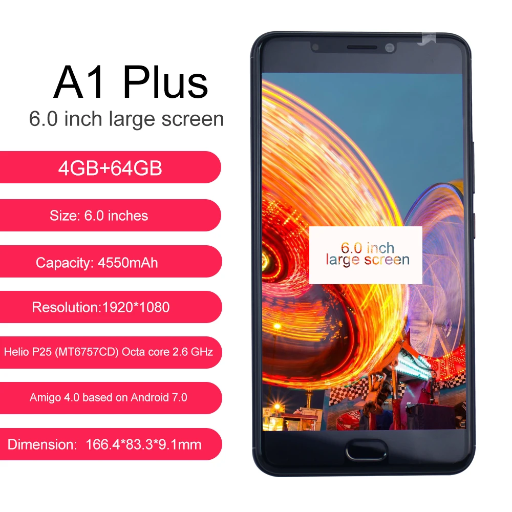 Global Version Gionee A1 Plus 4GB RAM+64GB ROM 6.0&quot Screen 4550mAh MT6757CD Octa Core OTG 20MP Front Camera Dual SIM Smartphone |