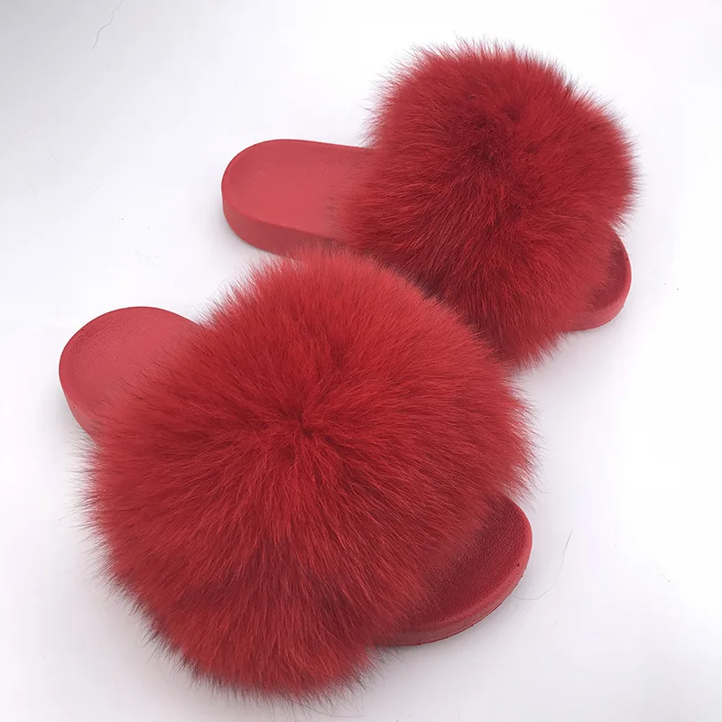 real Red Raccoon Fur Slippers Women Slides Fox Hair Flat Fluffy Fashion Home Summer Natural Furry Flip Flops Shoes | Обувь
