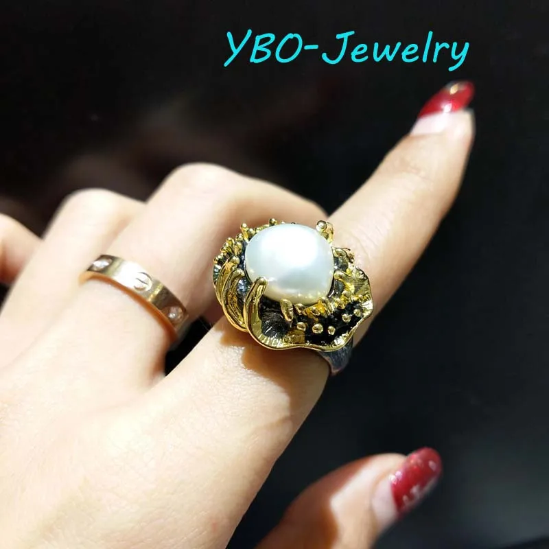 YBO, Big supper ring natural irregular pearl ring in 925 sterling silver with gold plated beautiful hand made hypebole big ring