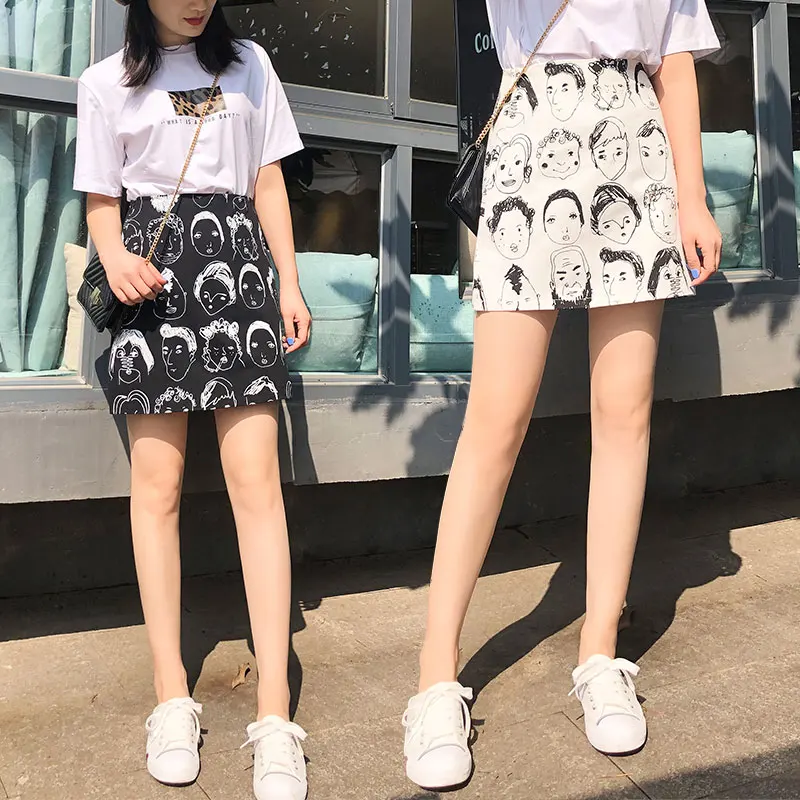 Human Head Print Summer Mini Skirt Women Graffiti High waist skirt A-line kawaii Female Skirts Sexy Short student |