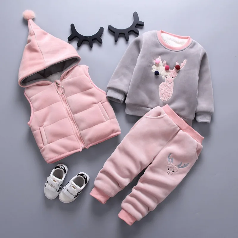 Children Clothes Set 3 Pieces Hoodies Coats+Vests+Pants Girls Tracksuit Warm Plush Velvet Thicken Cashmere Boys Winter Clothing | Детская
