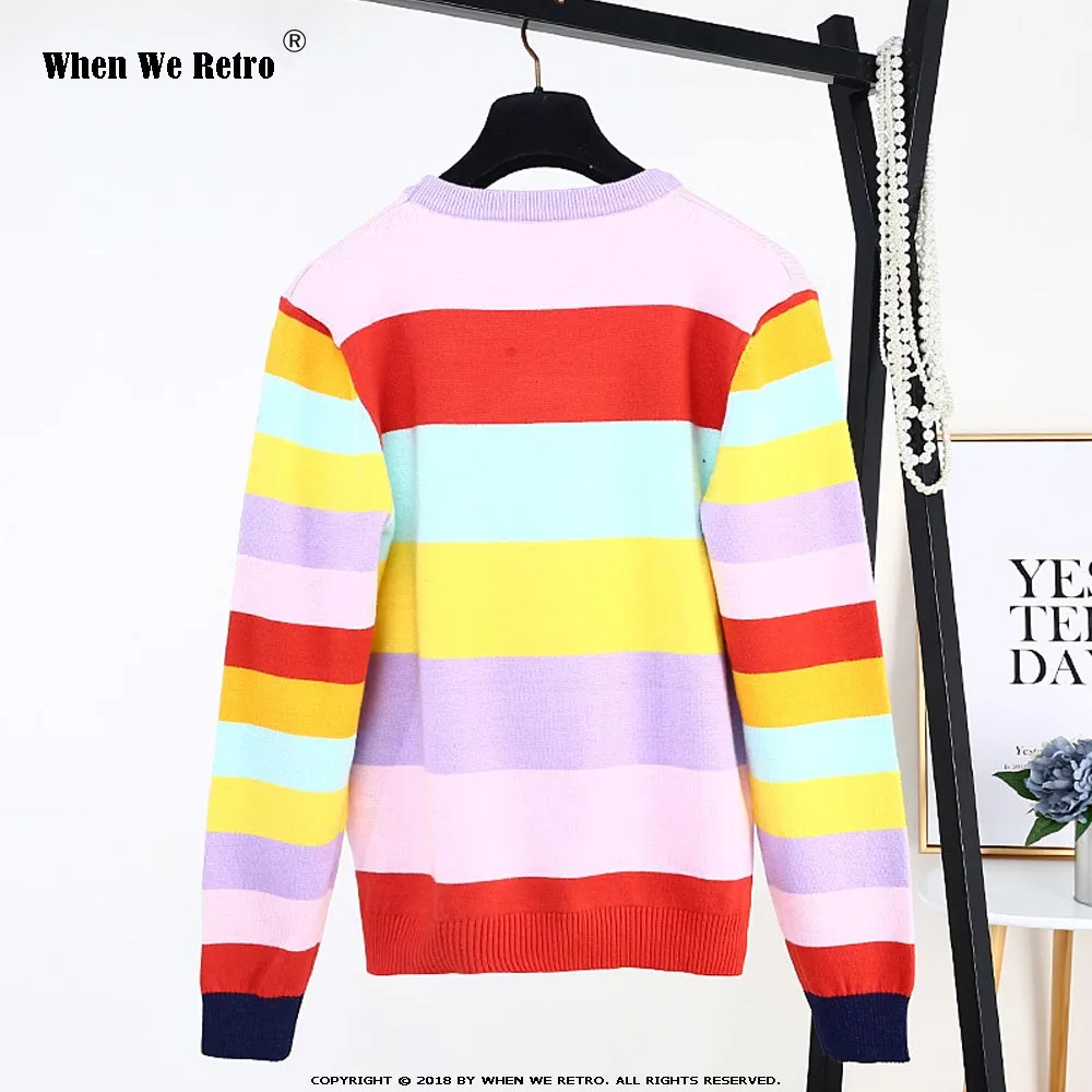 When We Retro 2018 Fashion Runway Design Women Sweater Colorful Stripe Cat Print Winter Knitted Pullover Female Top YC12 | Женская