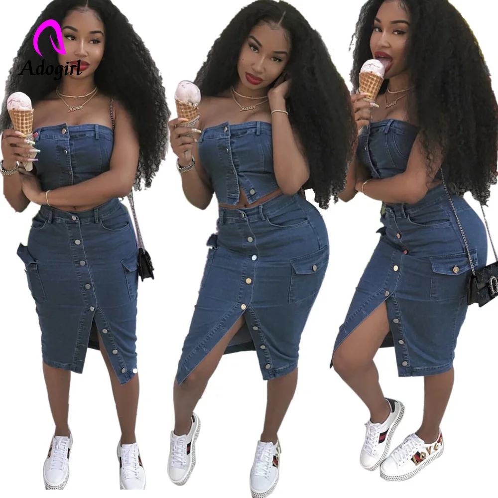 Женский джинсовый топ Adogirl на пуговицах без рукавов и длинная юбка комплект из