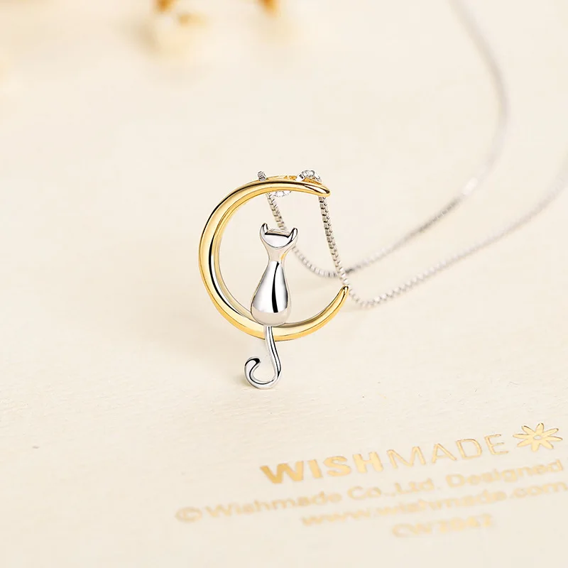 Цепочка с подвеской в виде кота и Луны из серебра 925 пробы|jewelry pendant|cat pendantfine jewelry |