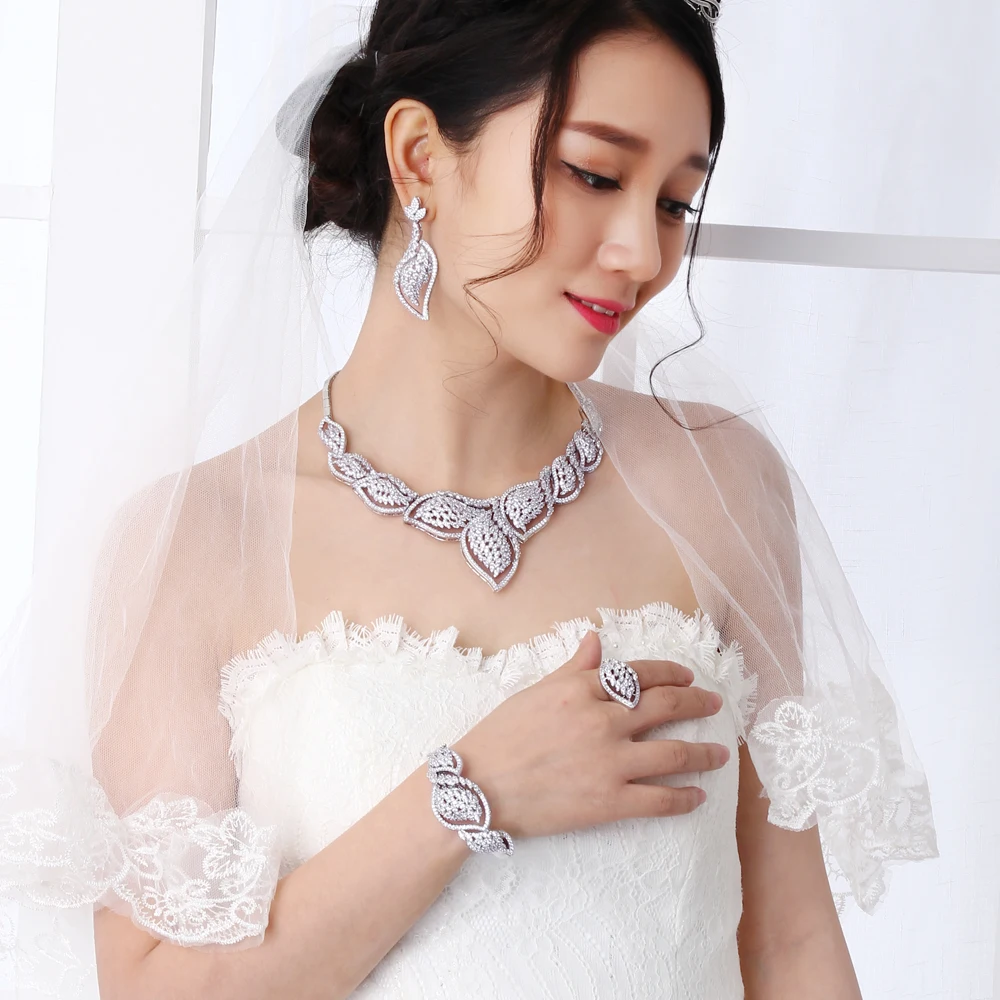 New Bridal Jewelry Sets rhodium plated with Cubic zircon 4pcs sets ( necklace + bracelet earrings ring) free shipment | Украшения и