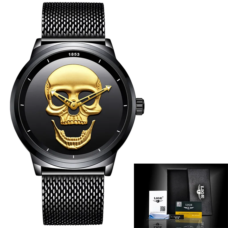 Black gold Мужские часы LIGE с 3D черепом, Лидирующий бренд, кварцевые часы из нержавеющей стали, мужские Модные Бизнес водонепроницаемые креативные часы, мужские часы - Цвет: Black gold