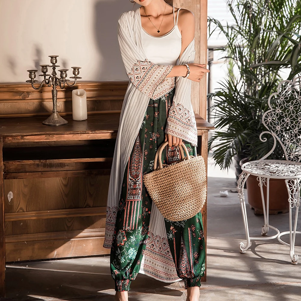 Кимоно кардиган с принтом в стиле ретро Повседневная шифоновая блуза v образным