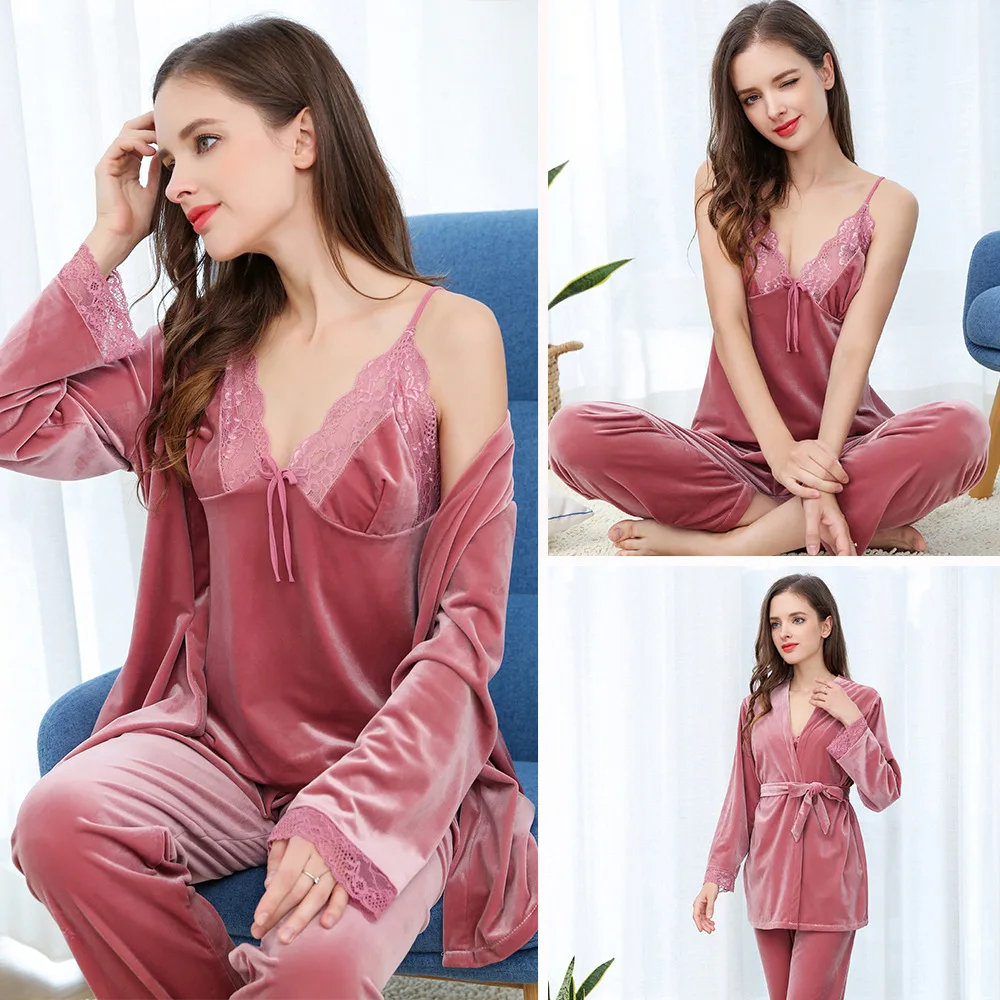 MECHCITIZ 3 pieces women pajamas set winter warm velvet bathrobe top pants sleepwear sets autumn robe home clothes | Женская одежда