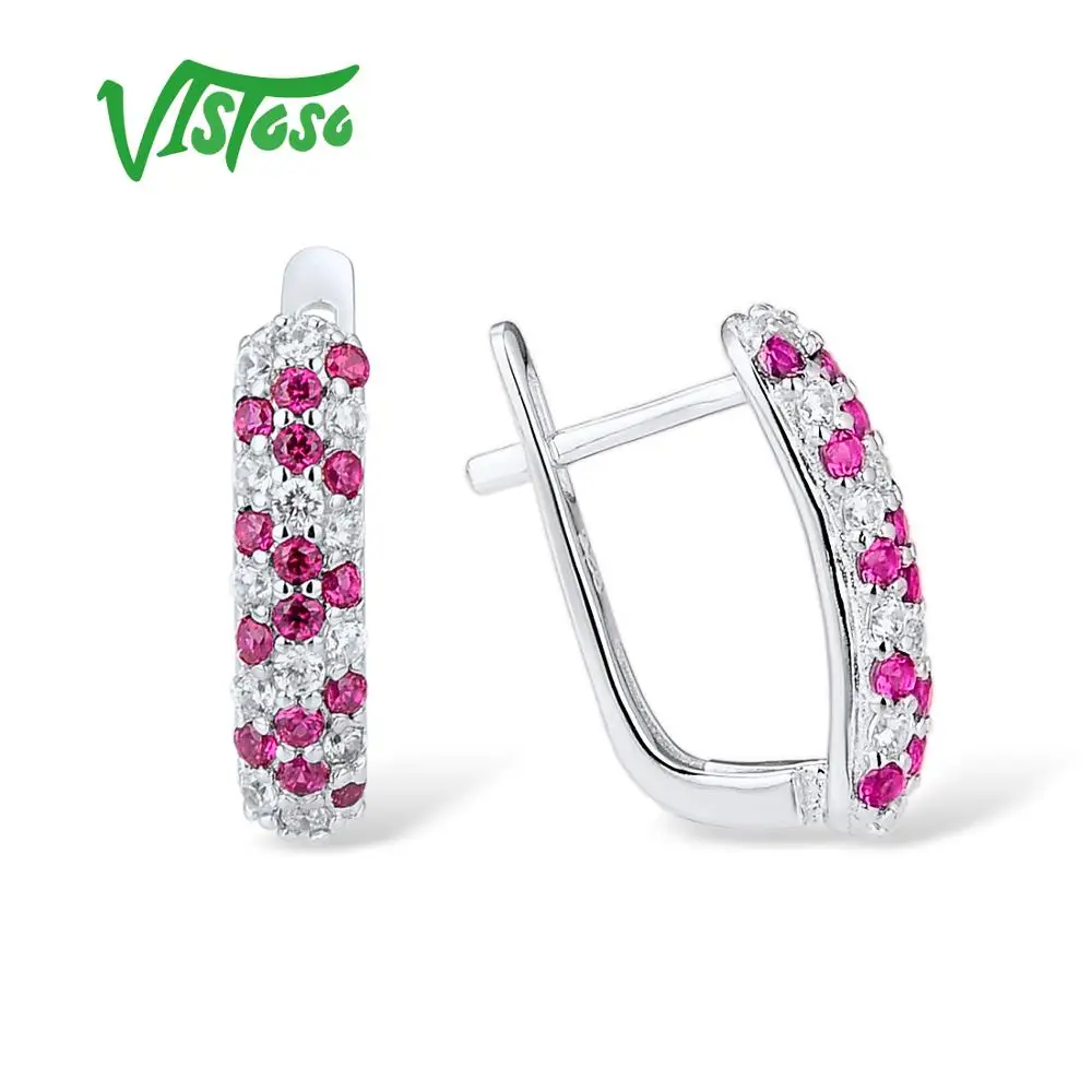 VISTOSO серебряные серьги гвоздики для женщин светящиеся красные шпинели белые CZ