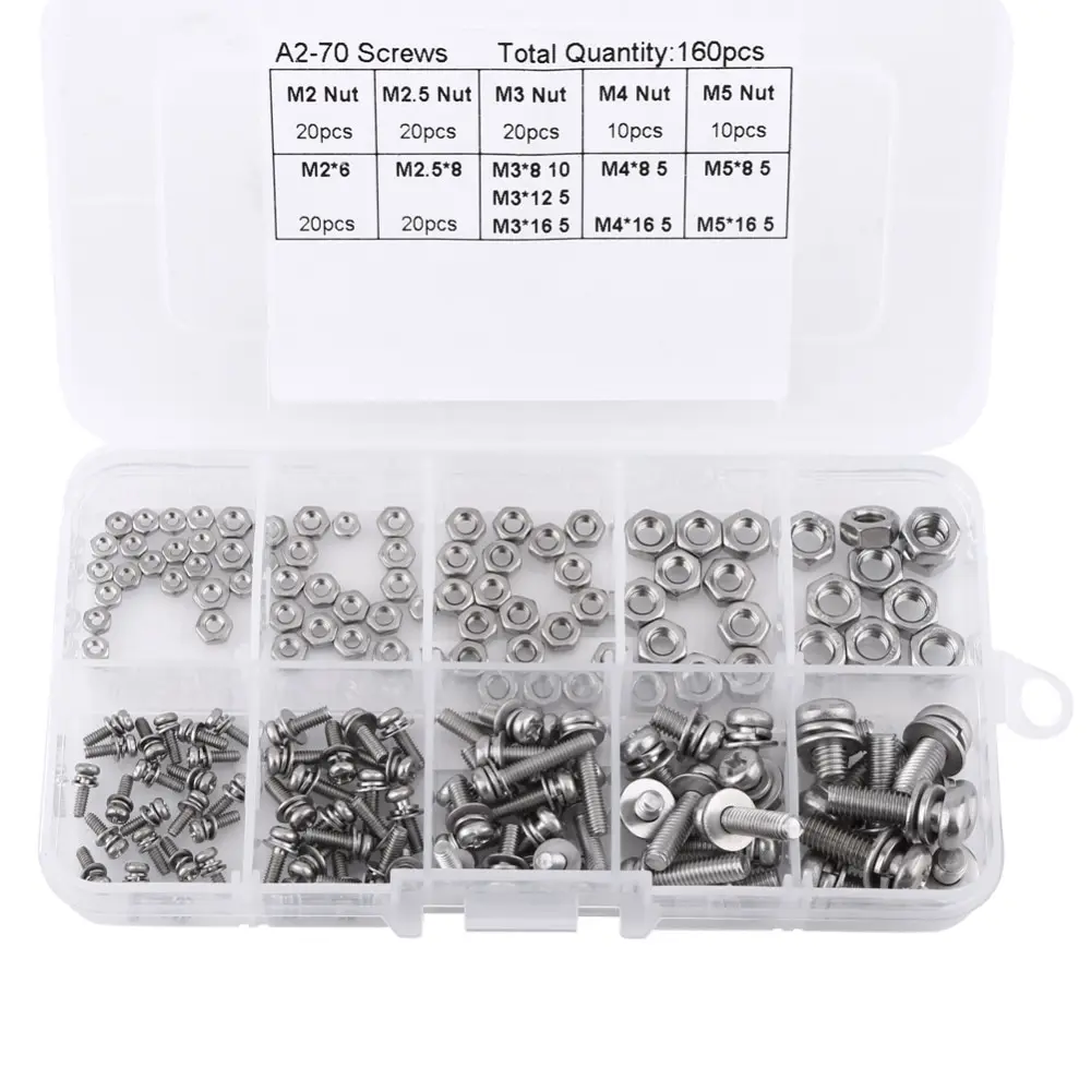 160Pcs/set M2 M2.5 M3 M4 M5 Pan Head Screws Nuts Assortment Kit Stainless Steel Cross Hex Nut Fastener Hardware | Обустройство дома