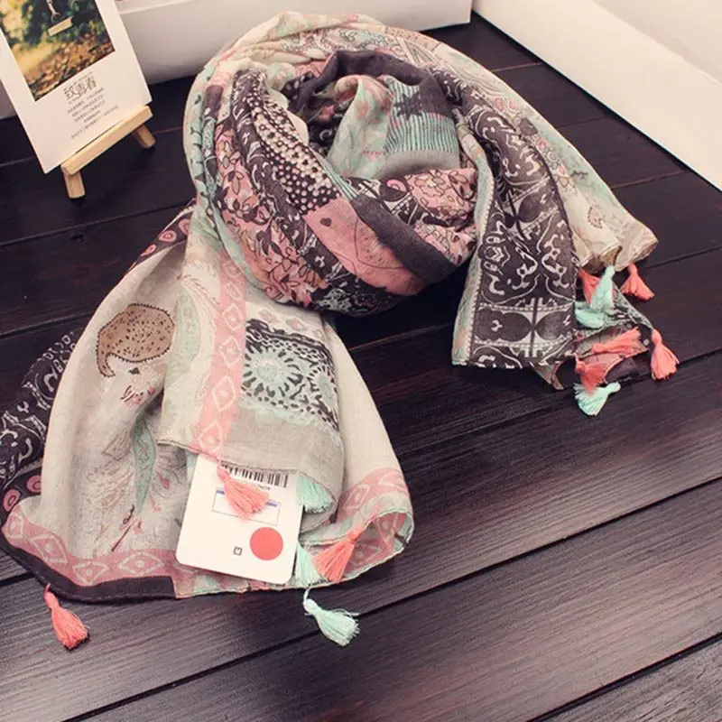 Boho кисточкой Шелковый Шарф Длинный солнцезащитный крем обертывания Для женщин