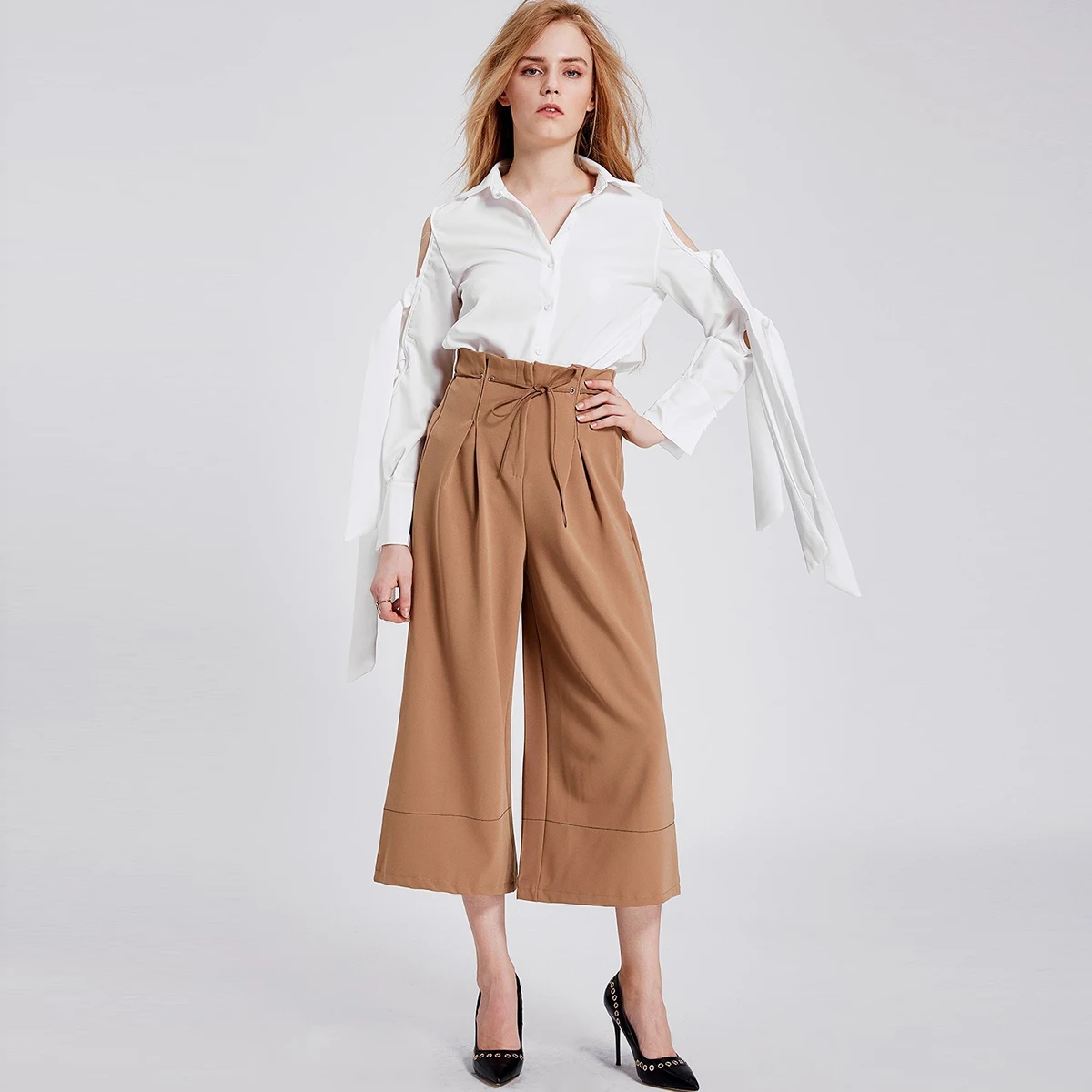 Хаки широкие брюки с высокой талией пояс оборками на талии офисные женские