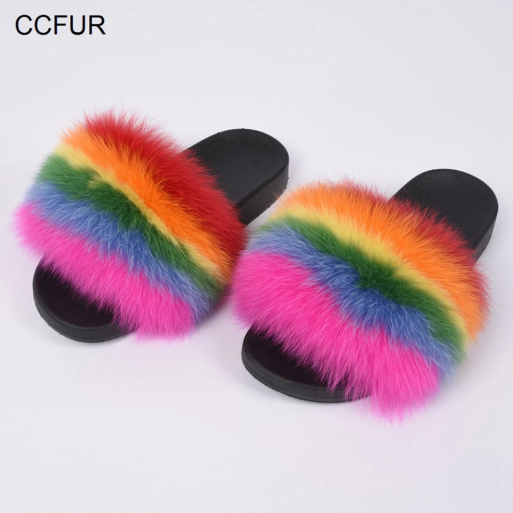 CCFUR New Colors Summer Slides Women's Real Fox Fur Slippers Fluffy Fur Sliders Mixed Color Fashion Lady S6048