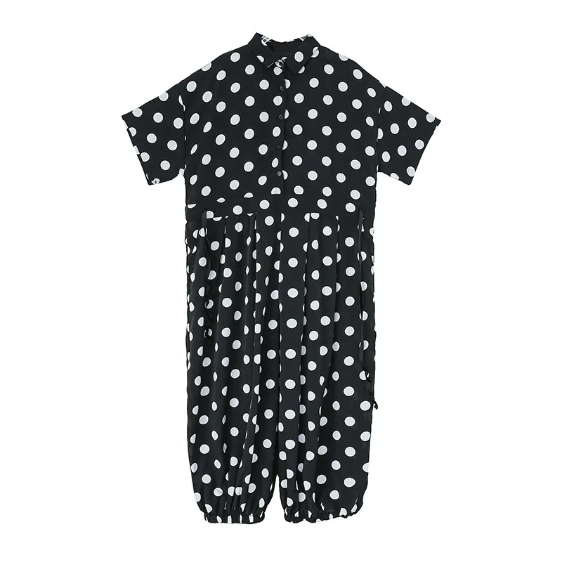 

SeeBeautiful New Fashion 2020 Autumn Lapel Short Sleeve Button Polka Dot Printed Stitching Pleated Loose Jumpsuits Women A153