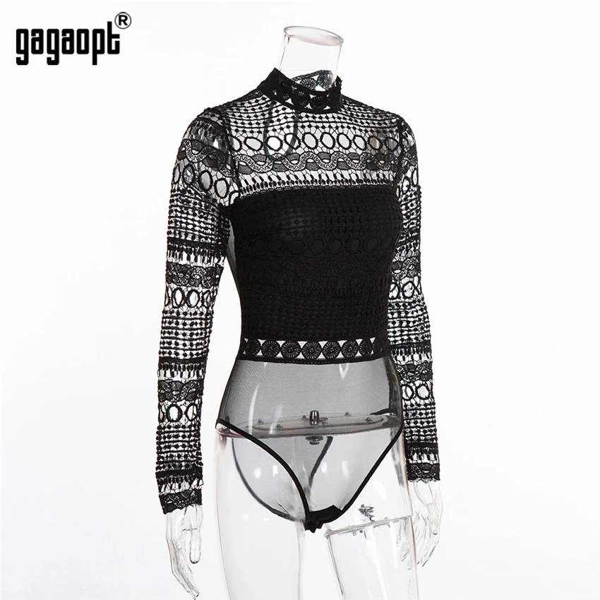 Gagaopt 2019 осеннее Кружевное боди женское черное сексуальное с длинным рукавом