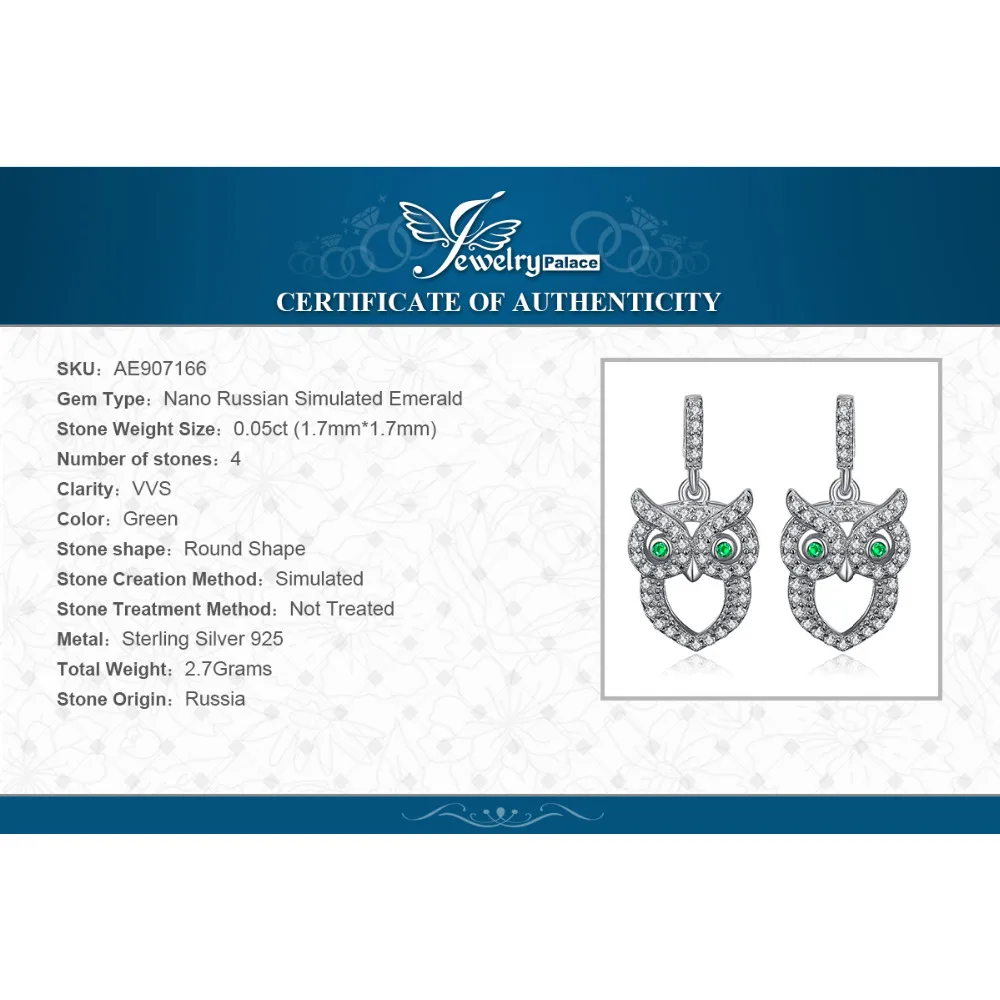 JewelryPalace зелеными глазами Сова Nano России имитация изумрудные серьги 925 пробы