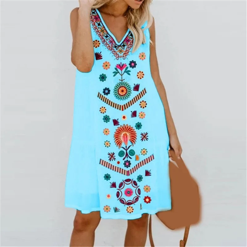 Женское платье без рукавов с v образным вырезом свободное мини принтом лето