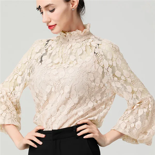 Blouse With Tank Top Женская розовая кружевная блузка, топы с цветочным рисунком, топы с топом, стоячий воротник, длинный рукав-фонарик, свободные летние блузки размера плюс 4XL - Цвет: Blouse With Tank Top