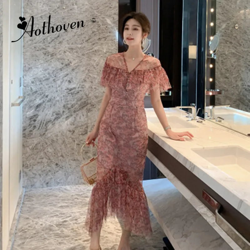 

Summer Maxi Dress 2020 Sexy Women Short Sleeve Print V Neck Boho Mermaid Dress Beach Elegant Party Casual Floral Chiffon Dresses