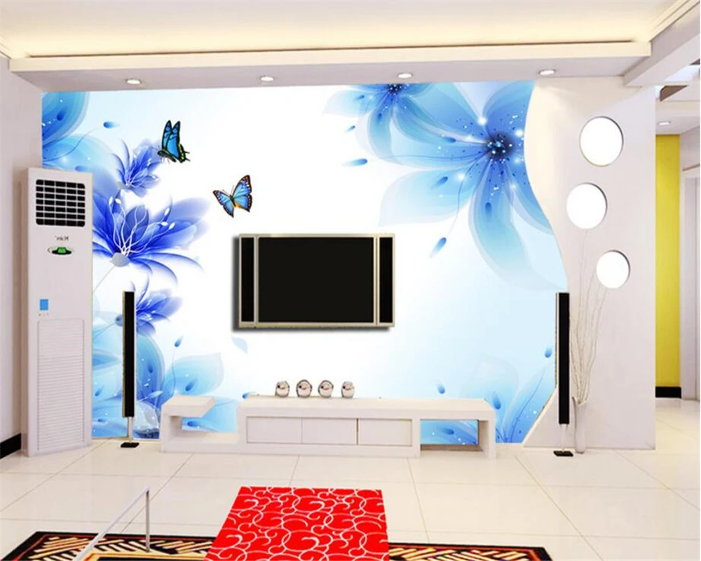 Обои для гостиной спальни 3d обои голубая Лилия Бабочка ТВ фотообои | Обустройство
